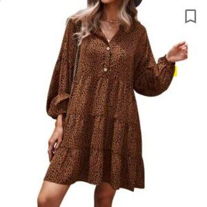 NWOT Casual Long Sleeve Loose V-Neck Swing Mini Dress - Size M